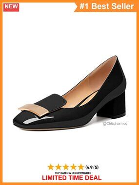 Womens Low Chunky Heel Square Toe Slip On Pumps Gold Buckle
